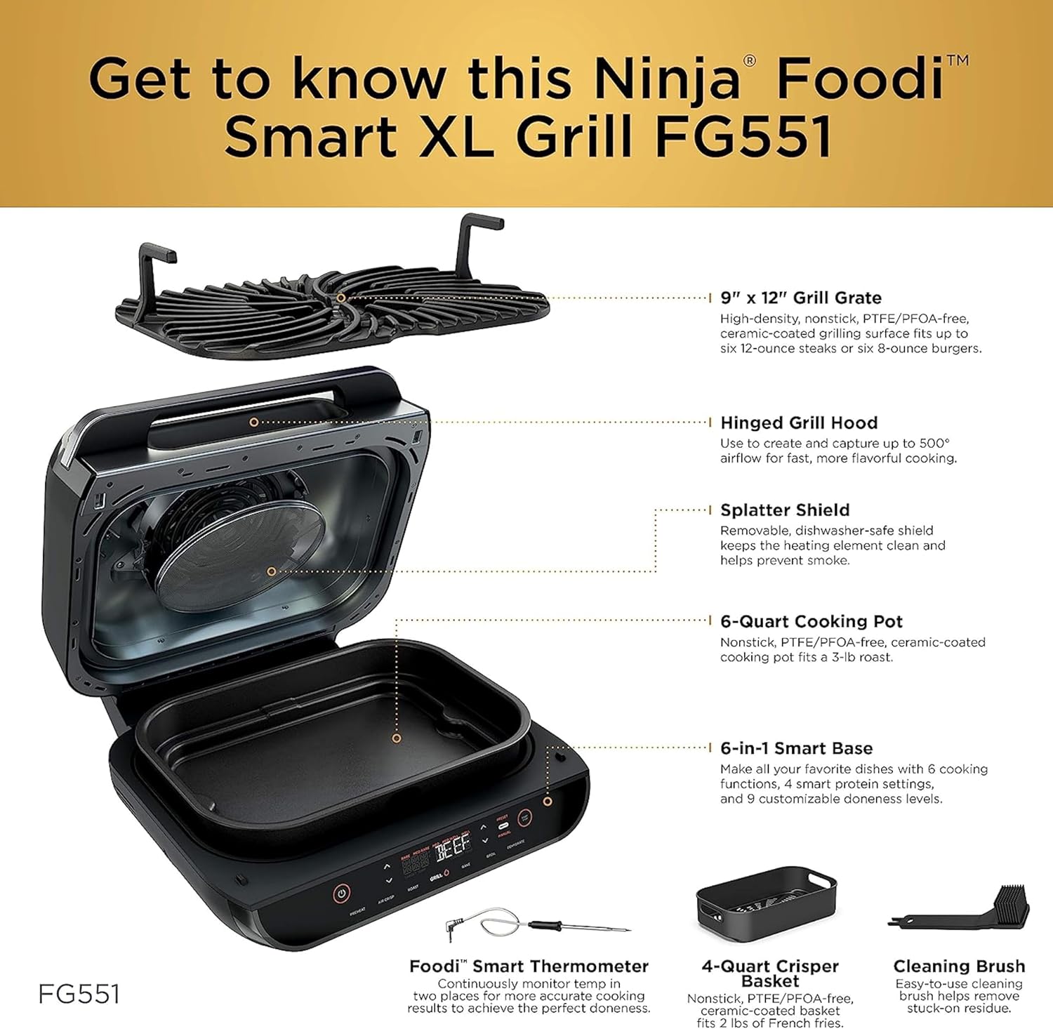 Ninja Foodi Smart XL Grill: 6-in-1 Precision Indoor Cooking FG551